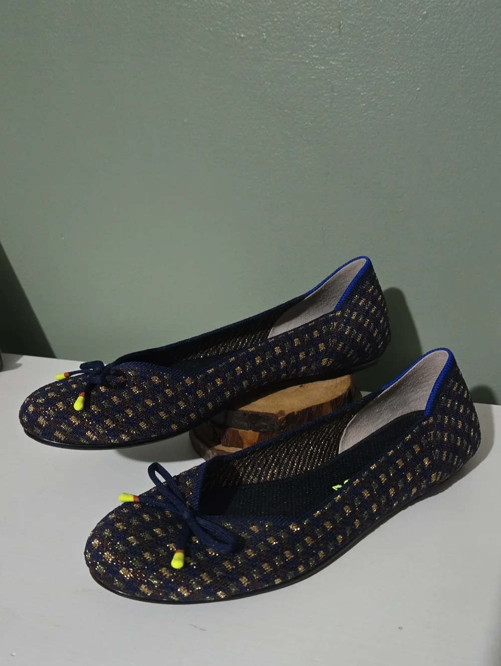 Rothy's Navy and Gold Woven Ballet Flats with Bow